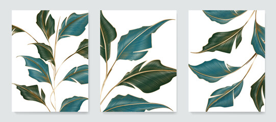 Luxury abstract art background with exotic tree leaves in green and blue with golden line elements. Set of botanical posters for decoration, wallpaper, prints, textiles, interior