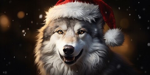 a white and gray wolf wearing a santa hat, generative AI