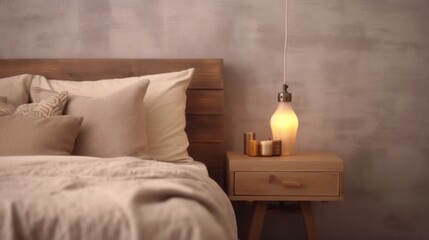 A cozy place for privacy. Cozy atmosphere of a small country house, illuminated by the dim light of a night lamp standing on the bedside table.