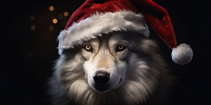 a white and gray wolf wearing a santa hat, generative AI