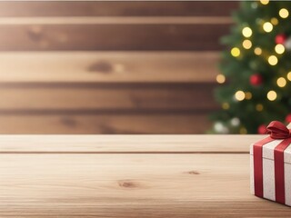 Empty wooden table with christmas theme in background