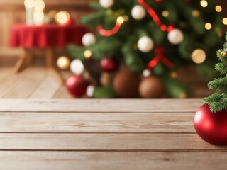 Empty wooden table with christmas theme in background