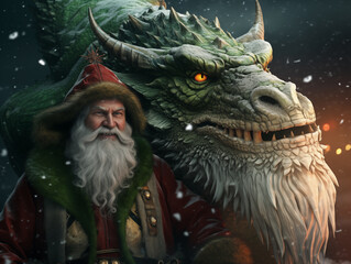 Santa Claus with a green dragon close-up.