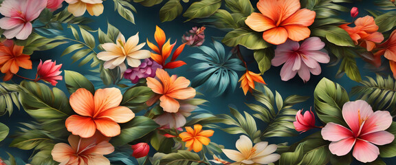 a lively and colorful stylish retro aloha pattern with painted leaves and blossoms that exude a...