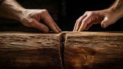 Extreme close-up of dual hands positioning a piece of wood in unison.