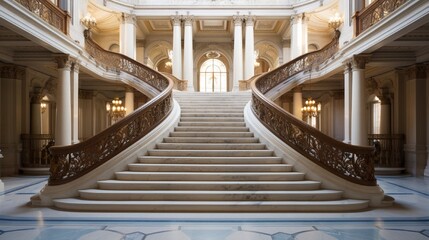 A grand marble staircase with ornate railings in a classical architectural setting. - obrazy, fototapety, plakaty
