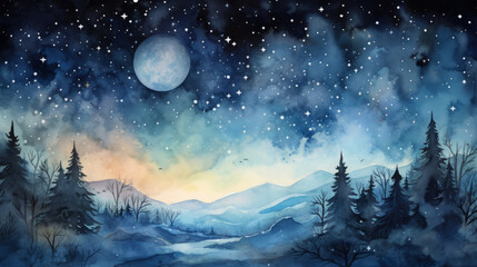 Fototapeta premium Moonlit Starry Watercolor Night Sky
