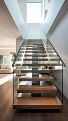 A modern floating staircase with transparent glass steps and brushed metal railings, blending seamlessly into a minimalist interior.