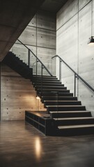 A sleek, monochromatic staircase featuring a combination of matte black metal and concrete steps, exuding an industrial chic vibe.