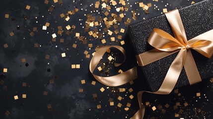 Flat lay black and gold ribbon gift box with confetti, merry christmas and happy holiday greeting card, frame banner - obrazy, fototapety, plakaty