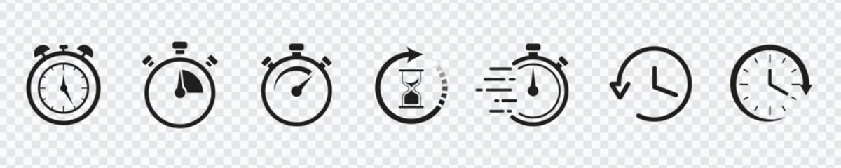 Enhance your projects with our Timers Icon Set on a transparent background. Precision-designed Stopwatch symbols for vector illustrations and countdown timer graphics.