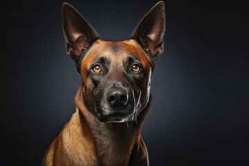 Belgian Malinois dog close-up portrait on a black background.