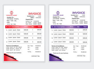 Business Minimal Corporate Invoice design template vector illustration bill form price . Creative template and stationery design payment agreement design template Cash Memo, Vector Quotation Design