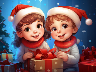 Children in the atmosphere of the New Year's holiday. Joyful children with Christmas presents near the Christmas tree at home. In 3D cartoon style