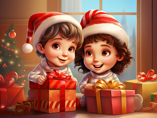 Children in the atmosphere of the New Year's holiday. Joyful children with Christmas presents near the Christmas tree at home. In 3D cartoon style