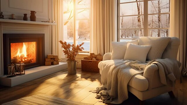 A lovely living room with a warmhearted atmosphere featuring a comfortable armchair in front of a crackling fireplace surrounded by tall windows glazed with sparkling animated backgrounds, stream