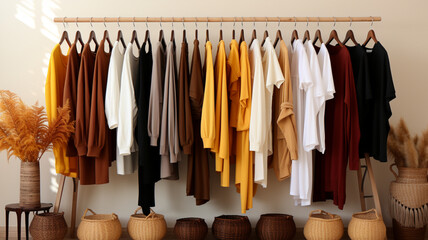 Collection of clothes hanging on rack