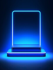 Abstract neon banner with pedestal. 3d podium with blue neon square. Abstract background for promotion goods, with blank space, copy spac and generative ai