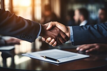 Close up handshake between executives sealing deals with mutual trust and partnership. Generative AI. - obrazy, fototapety, plakaty