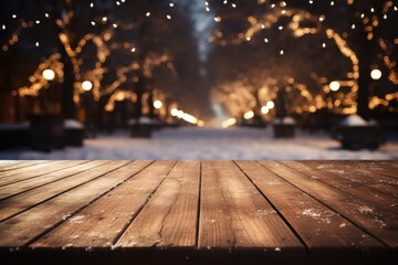 Naklejka na ściany i meble Wooden table covered with snow Empty space with an illuminated Christmas town square. Generative AI.