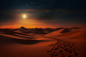 A vast desert dune field illuminated by the soft light of a full moon.