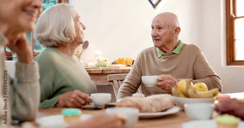 Sticker Breakfast, elderly friends and conversation with people in a retirement home together for bonding in the morning. Tea party, drink and a group of seniors chatting in the living room of an apartment