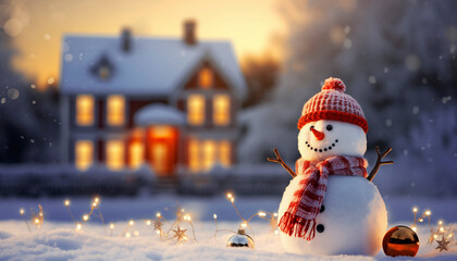 a snowman next to the house