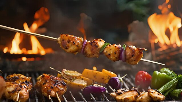 Closeup skewer loaded with colorful vegetables juicy chicken, rotating spit over flickering flames fireplace. vegetables charred caramelized, chicken cooked golden crispy exterior.