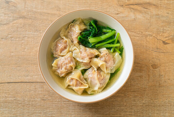 pork wonton soup or pork dumplings soup with vegetable