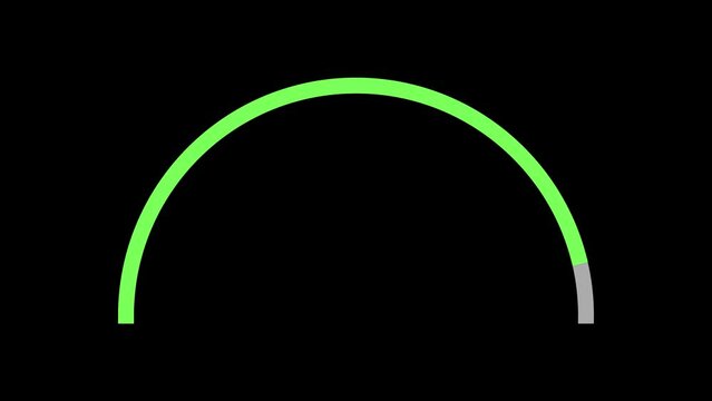 Semicircular indicator that transitions its color from green to red in 60 seconds (1 minute) on black background. Battery charging and discharging, meters and instrument concept. 4K Motion Graphics.