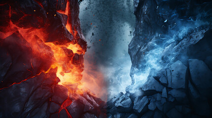 Lava and Ice side by side lava vs ice AI Image Generative background - obrazy, fototapety, plakaty