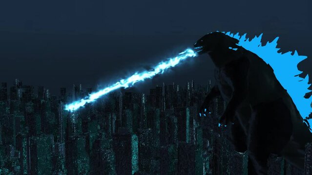Godzilla with flames destroys the city 3D