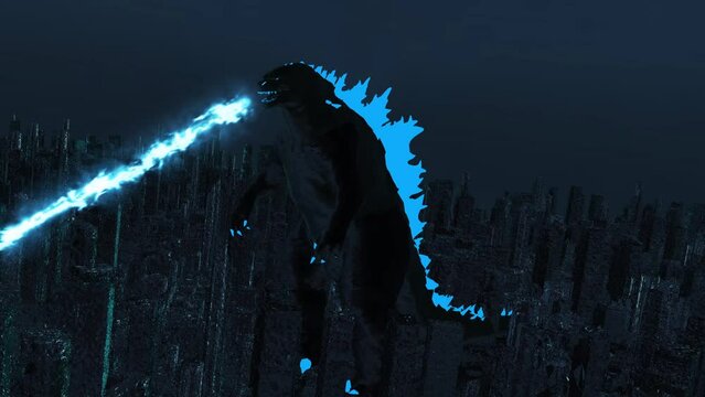 Godzilla with flames destroys the city 3D
