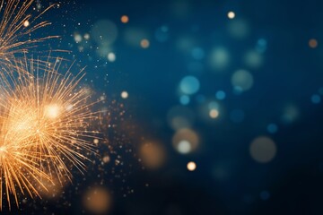 Gold fireworks on dark blue and bokeh background