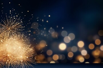 Gold fireworks on dark blue and bokeh background