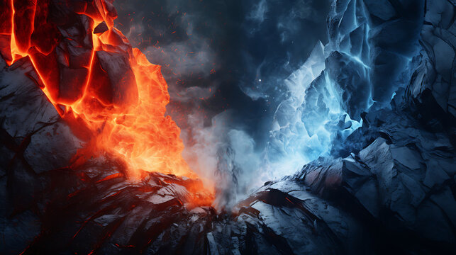 Fototapeta Lava and Ice side by side lava vs ice AI Image Generative background