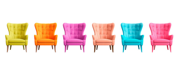 Set of modern Scandinavian style chairs in different vibrant colors over isolated transparent background