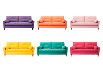 Colored living sofas over isolated transparent background. Purple, orange, pale pink, yellow, green and magenta colors