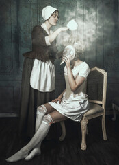18th century maid powdering her mistress' wig