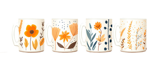 Illustration of coffee mugs with delicate minimalist floral design on isolated transparent background