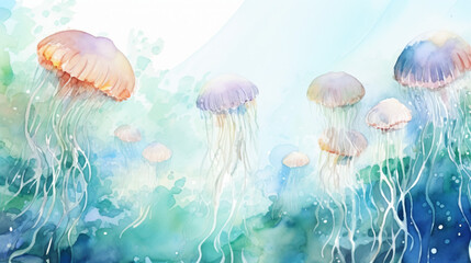 海中に浮かぶカラフルなクラゲの水彩イラスト