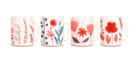 Fototapeta na wymiar Colorful and modern floral designs of coffee mugs illustrations. Isolated transparent background
