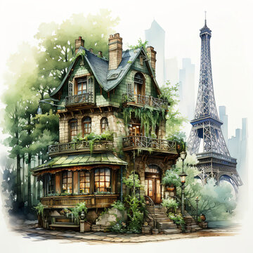 Watercolor Illustration of a Luxurious French Mansion