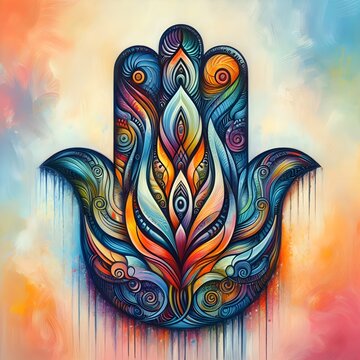 Hamsa hand symbol. Colorful abstract painting on the background.
