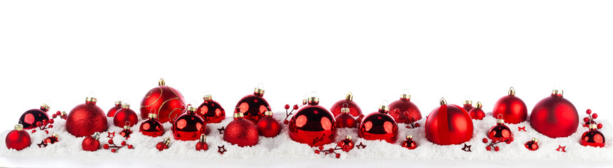 red christmas balls long frame on snow