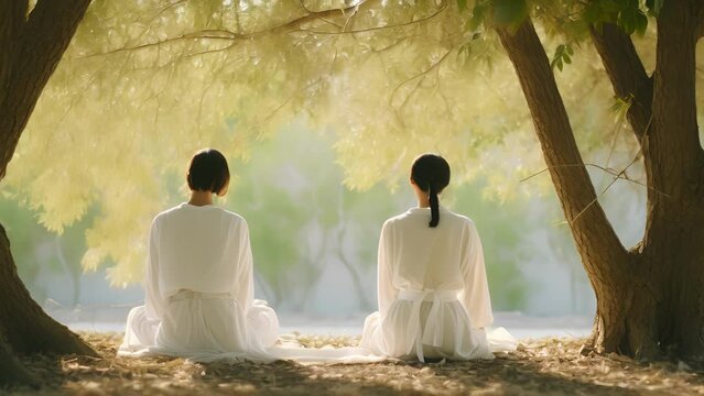 Two Asian women both dd in crisp white robes sit side by side in the shade of a tree. They maintain their peaceful meditation ignoring the distractions of everyday life. With their