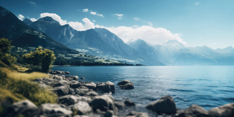 Fototapeta premium Landscape panorama - mountains and sea shore, lakes and dramatic clouds, nature photography