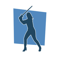 Silhouette of a female warrior in action pose with sword weapon. Silhouette of a woman fighter carrying sword weapon.