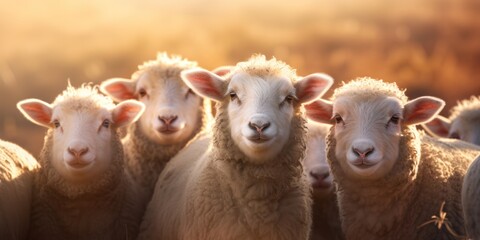Obraz premium a group of sheep looking into the sun, generative AI