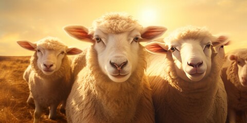 a group of sheep looking into the sun, generative AI